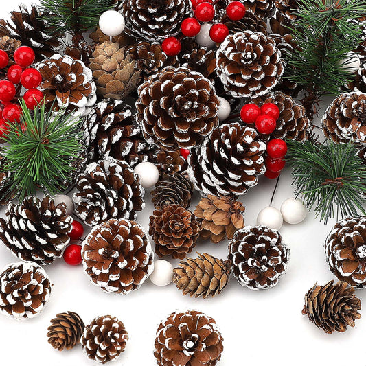 Ayieyill 115Pcs Christmas Pine Cones Berry Pine Branch Set Snow Pinecones Pendant White Winter Holiday Ornament
