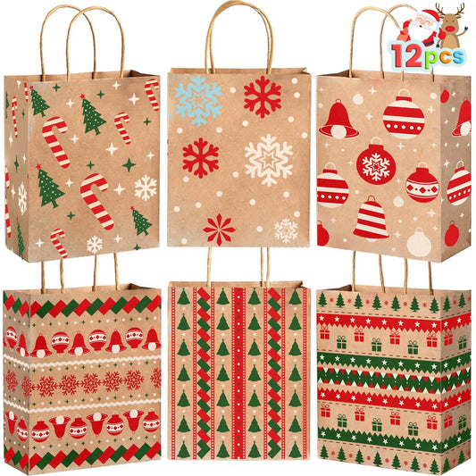 Ayieyill 12pcs Christmas Kraft Gift Bags with Handle, Christmas Paper Gift Treat Bags Bulk, Goodie Bags for Holiday Decor