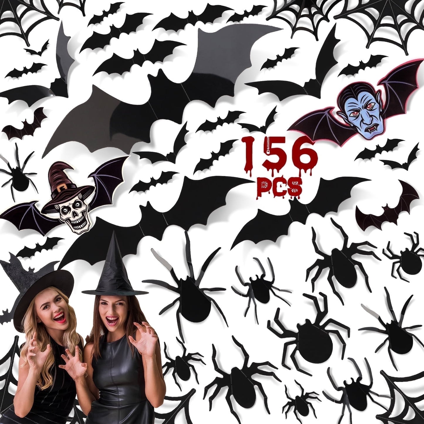 Ayieyill 156PCS Halloween Bats Decoration, 4 Different Sizes Realistic PVC Black 3D Bats Wall Sticker for Halloween Wall Decals Halloween Party Supplies