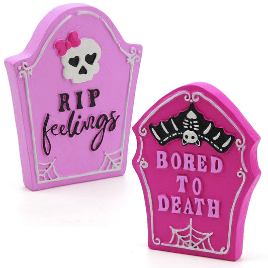 Ayieyill 2pcs Halloween Tombstones Decorations Halloween Figurines Halloween Decorations Indoor, Halloween Gift, Pink