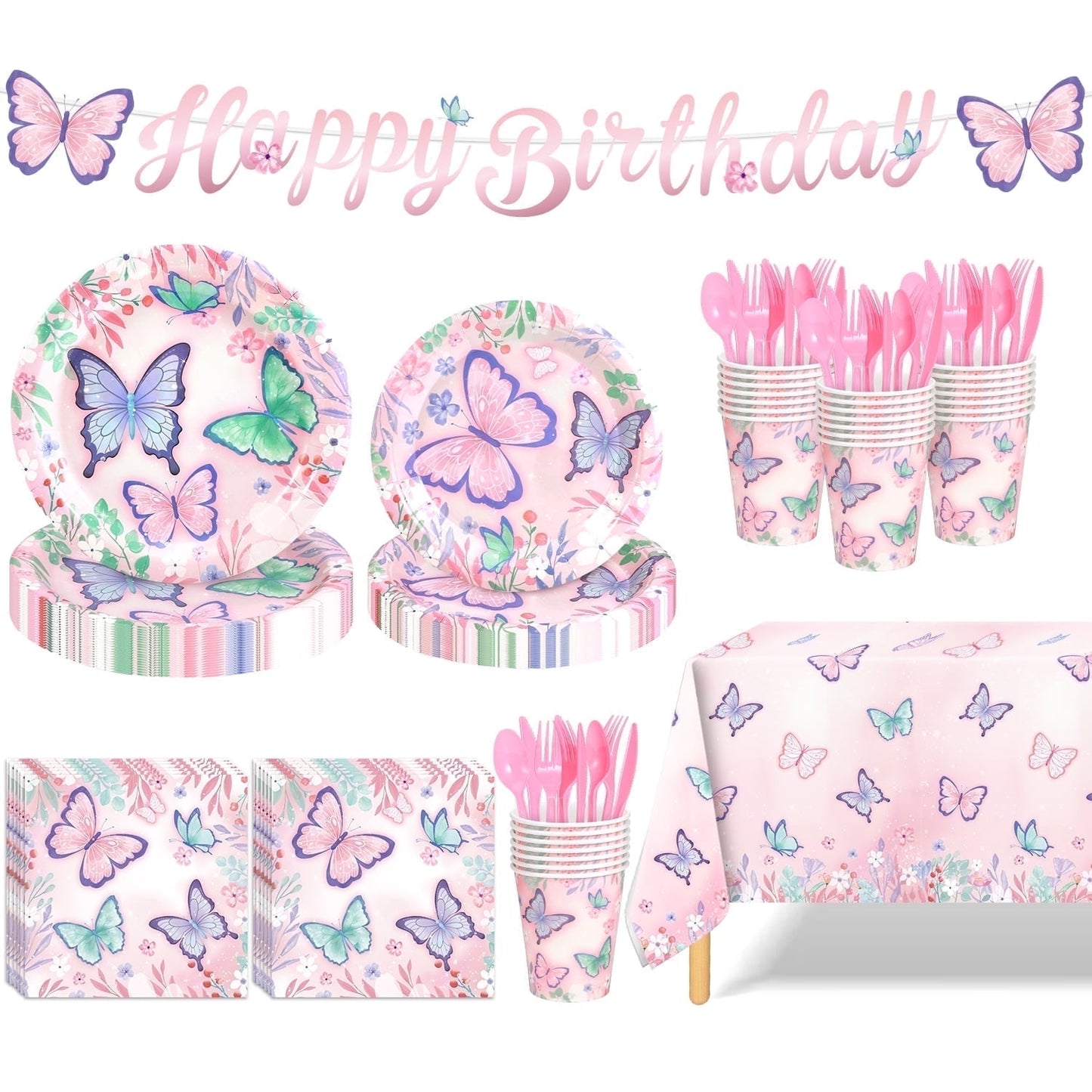Ayieyill 170Pcs Happy Birthday Decorations Kit, Birthday Party Supplies Set for 24 Guests, Includes Plates and Cups and Napkins Straws Sets