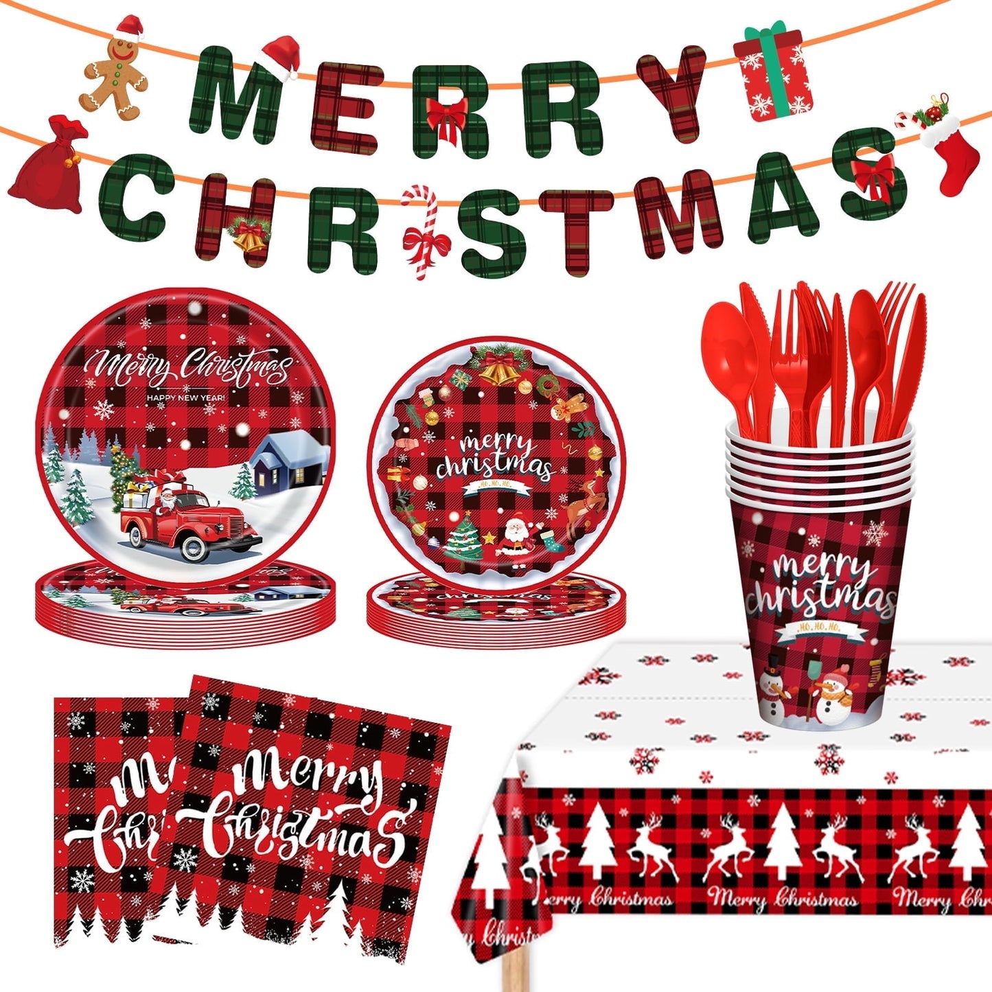 Ayieyill 170Pcs Christmas Party Supplies, Christmas Disposable Dinnerware Set for 24 Guests, Merry Christmas Theme Holiday Tableware Decorations Kit
