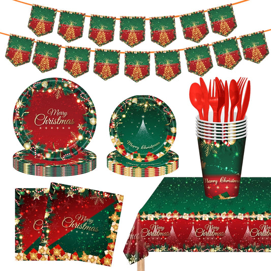 Ayieyill 170Pcs Christmas Party Supplies, Christmas Disposable Dinnerware Set for 24 Guests, Merry Christmas Theme Holiday Tableware Decorations Kit
