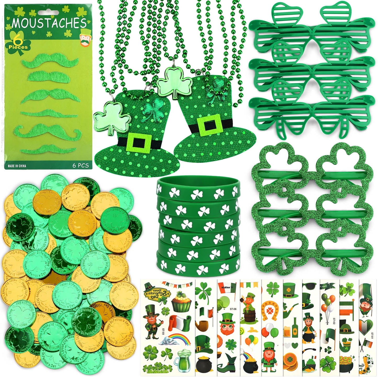 Ayieyill 196 Pcs St. Patrick's Day Party Favors Set, Green Shamrock Necklaces Sunglasses, Bracelets Temporary Tattoos Mustaches Coins