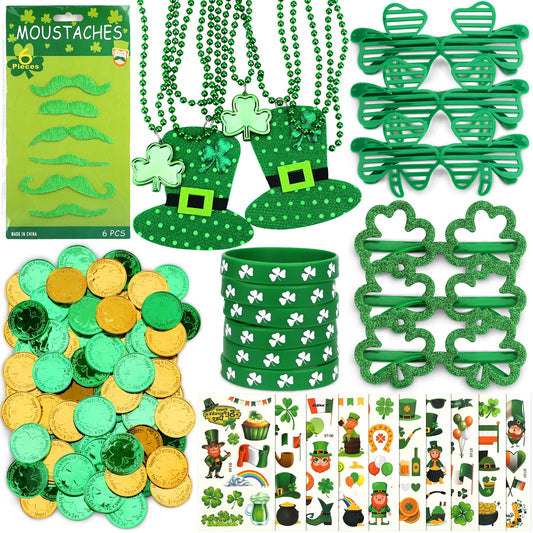 Ayieyill 196 Pcs St. Patrick's Day Party Favors Set, Green Shamrock Necklaces Sunglasses, Bracelets Temporary Tattoos Mustaches Coins