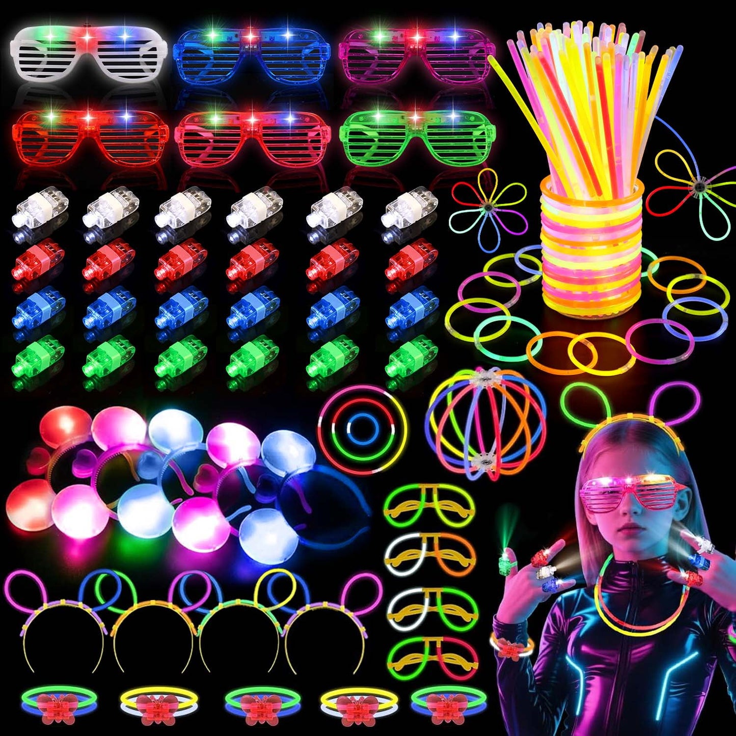 Ayieyill 145pcs Glow in The Dark Party Supplies for Kids Adults, Neon Light Up Halloween Party Favors with Glow Sticks