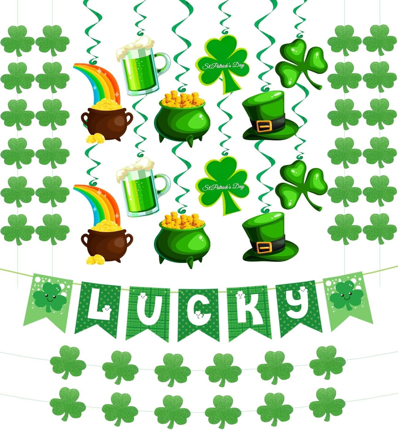 Ayieyill 21Pcs St Patricks Day Decorations Pre-assembled Shamrock LUCKY Banner Garlands Clover Hanging Swirls Irish Decor