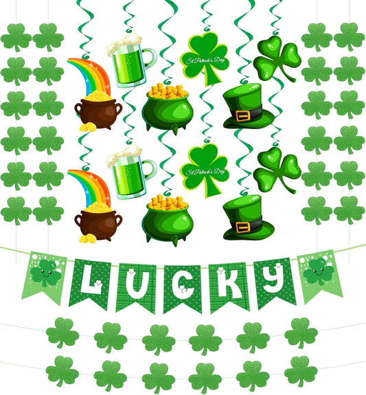 Ayieyill 21Pcs St Patricks Day Decorations Pre-assembled Shamrock LUCKY Banner Garlands Clover Hanging Swirls Irish Decor