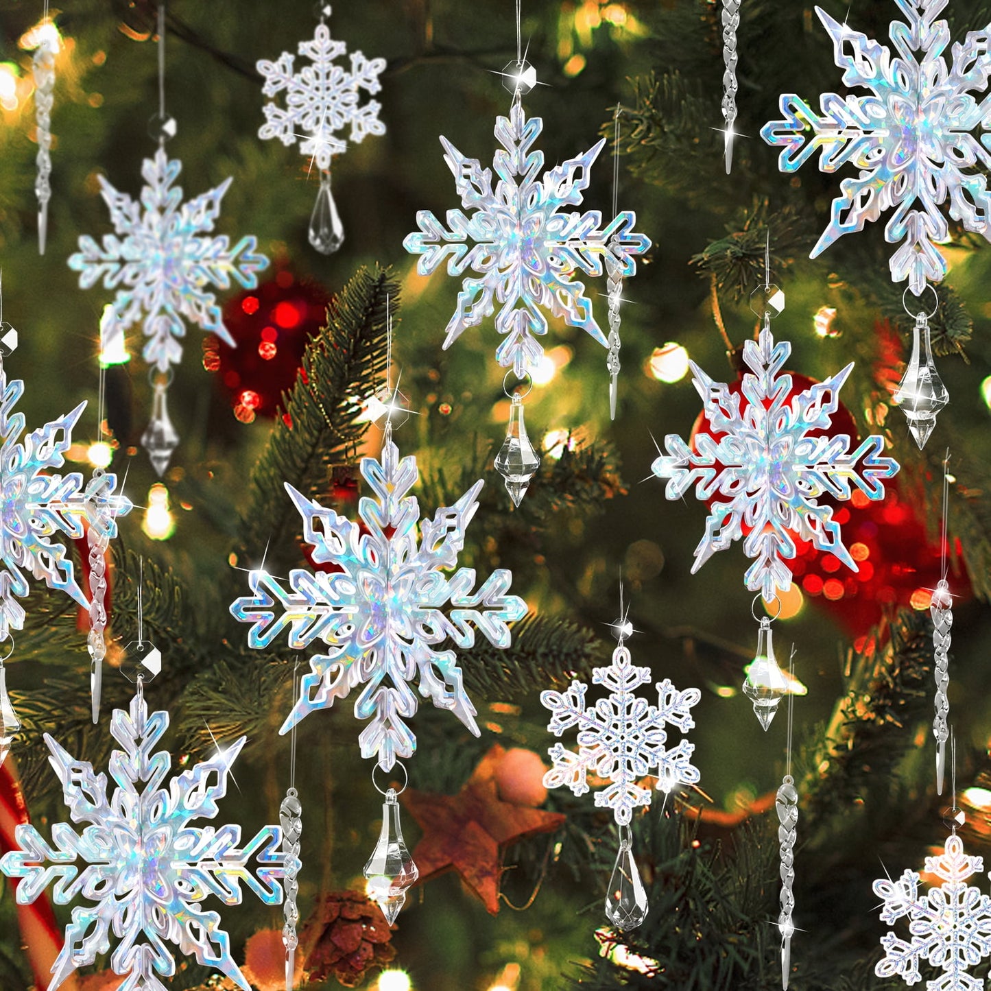 Ayieyill 24 Pieces Christmas Snowflake Drop Ornament Acrylic Icicle Christmas Hanging