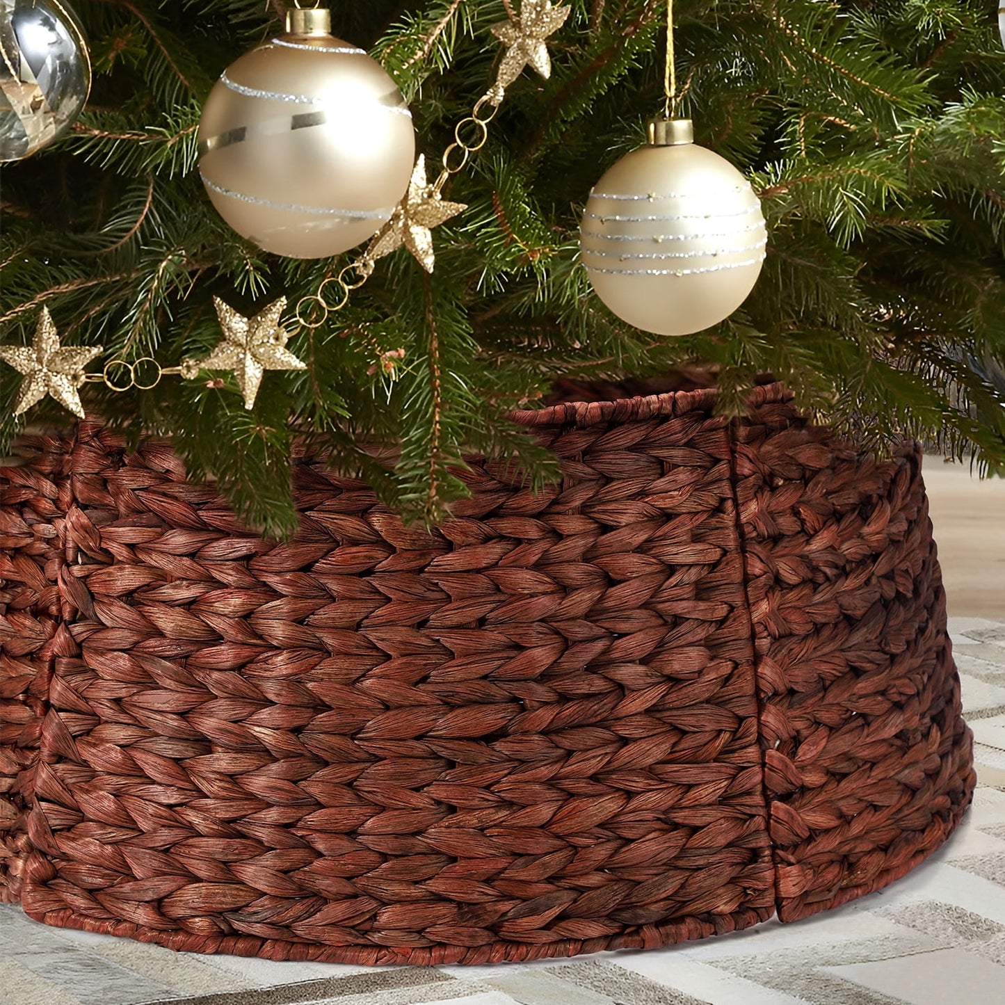 Ayieyill 26in Woven Hyacinth Christmas Tree Collar, Christmas Tree Decorations, Tree Skirt Accessory w/ Cord Cut-Out