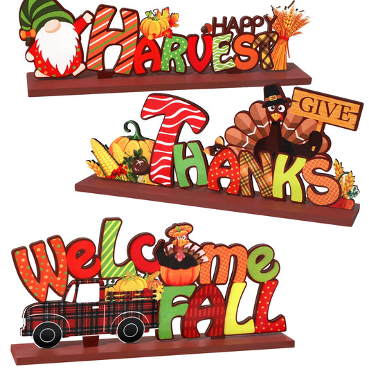 Ayieyill 3pcs Thanksgiving Decorations Indoor, Thanksgiving Table Decor | Turkey Pumpkin | Wooden Signs Decor