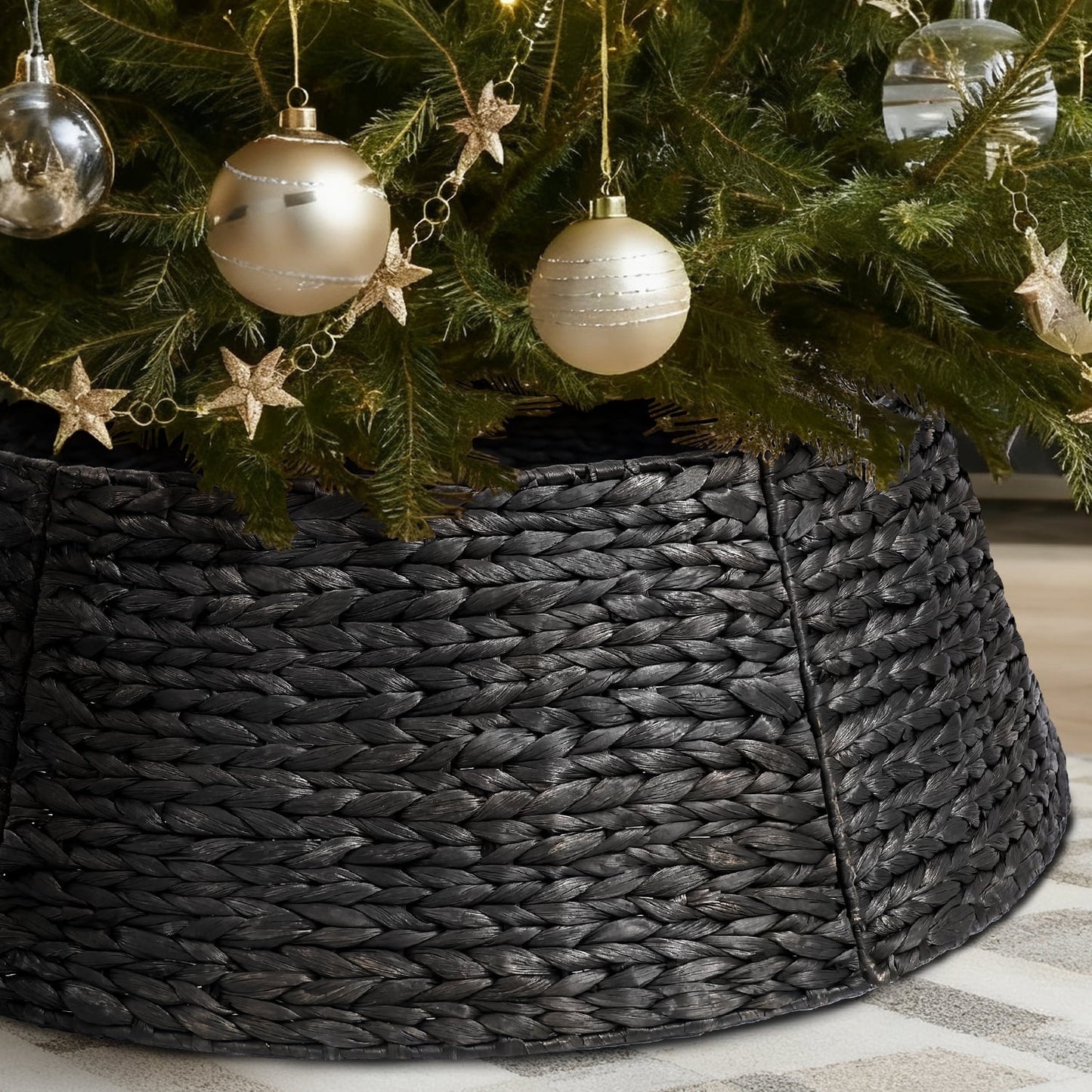 Ayieyill Woven Hyacinth Christmas Tree Collar, Christmas Tree Decorations, Tree Skirt Accessory w/ Cord Cut-Out | Natural