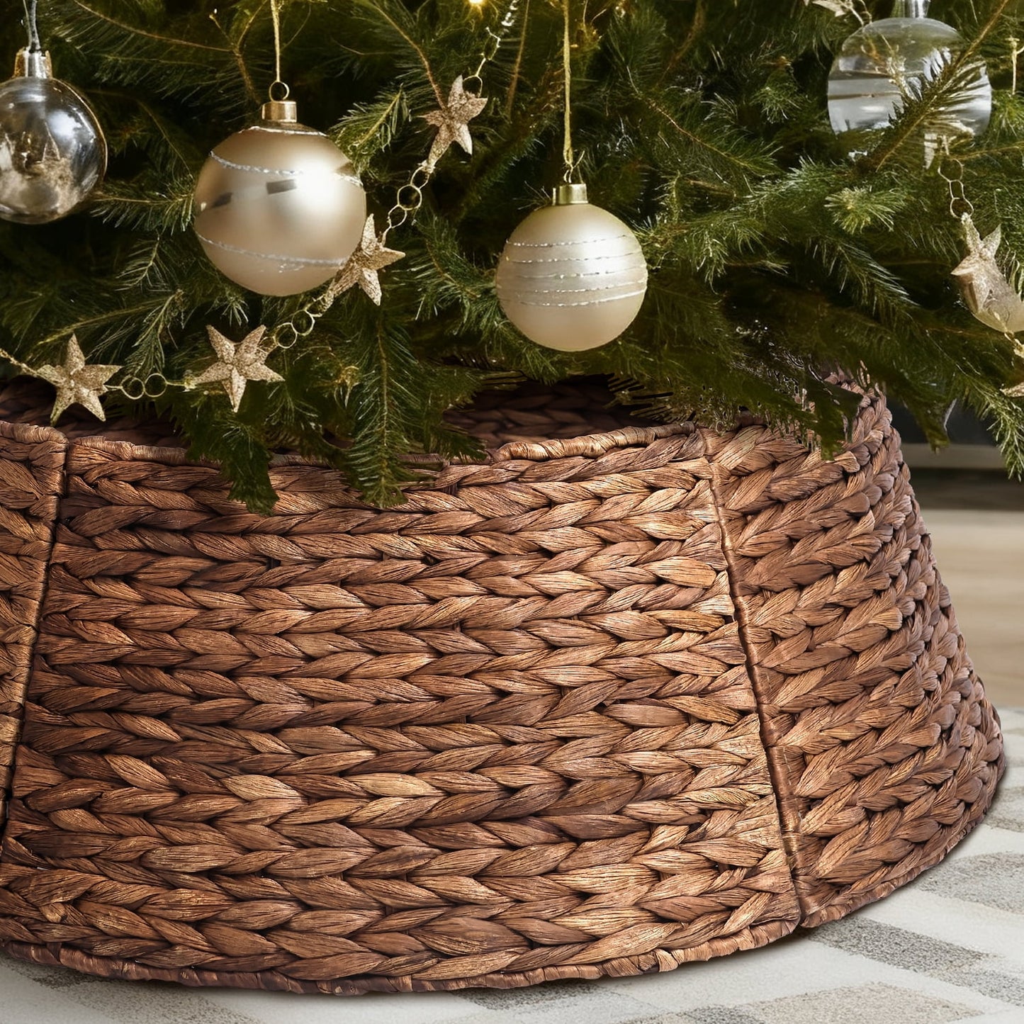 Ayieyill Woven Hyacinth Christmas Tree Collar, Christmas Tree Decorations, Tree Skirt Accessory w/ Cord Cut-Out | Natural