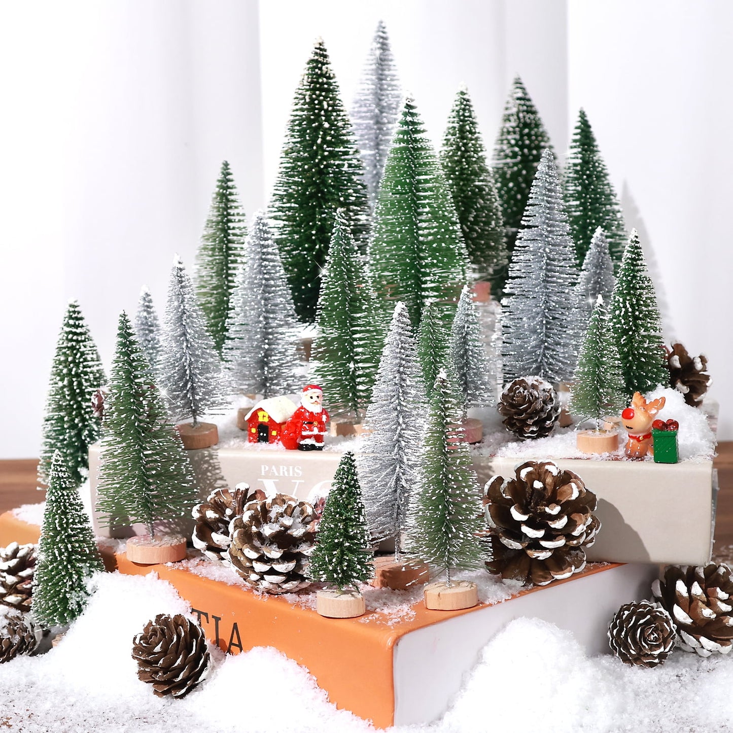 Ayieyill 35Pcs Mini Christmas Trees Bottle Brush Trees with Pine Cone Snow Powder, Christmas Village Sets