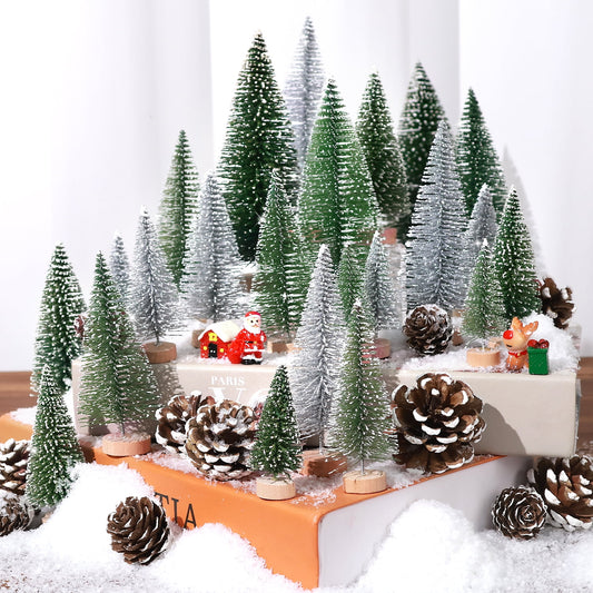 Ayieyill 35Pcs Mini Christmas Trees Bottle Brush Trees with Pine Cone Snow Powder, Christmas Village Sets
