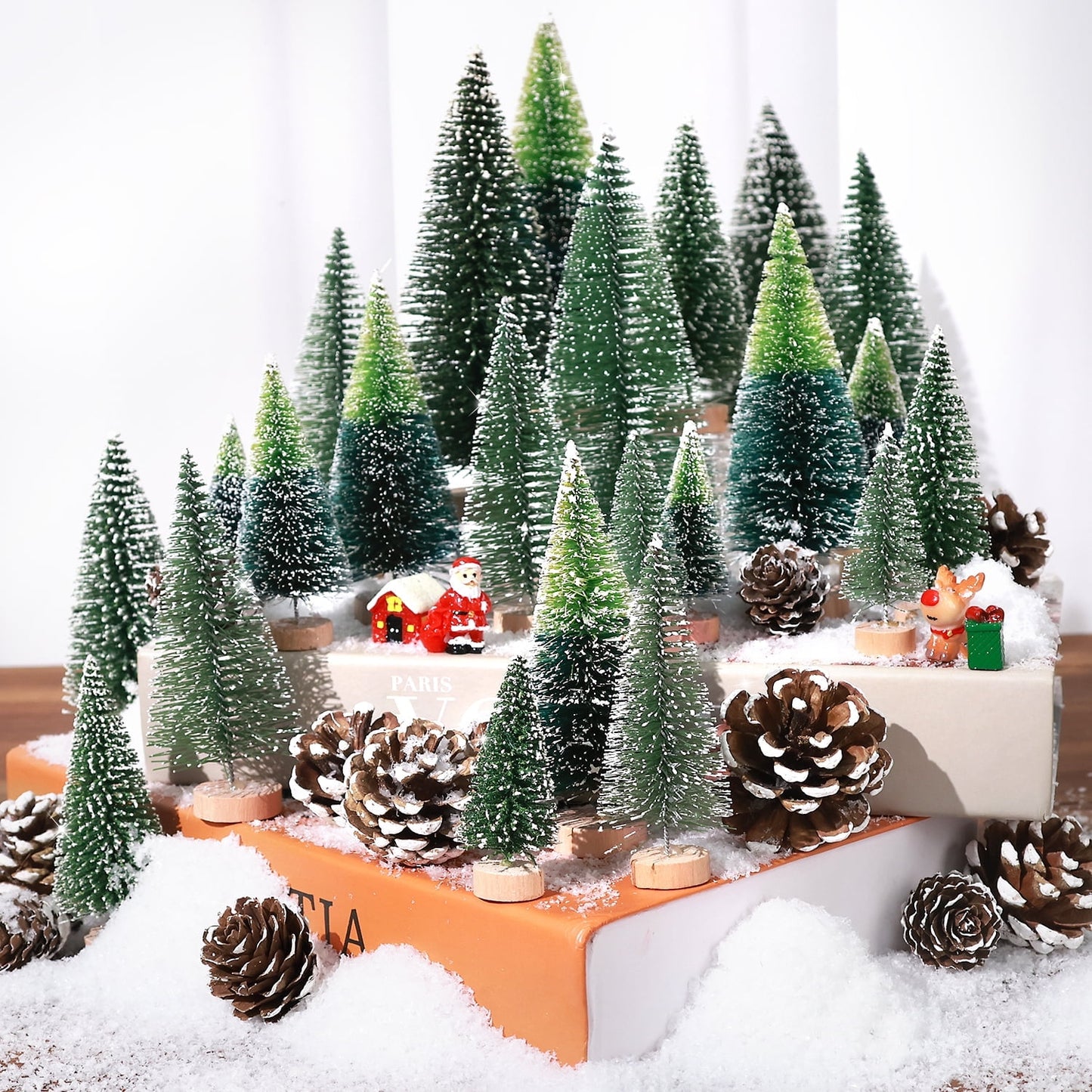 Ayieyill 35Pcs Mini Christmas Trees Bottle Brush Trees with Pine Cone Snow Powder, Christmas Village Sets