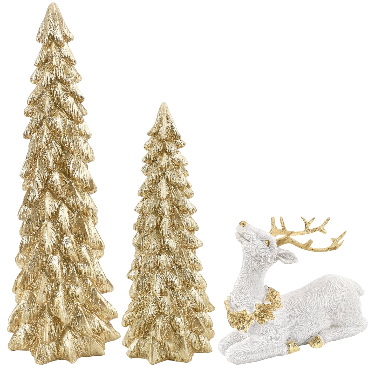 Ayieyill 3Pcs Resin Christmas Tree and Reindeer Decortion, Small Christmas Decorative Figurine Set, Christmas Tabletop Decorations Indoor