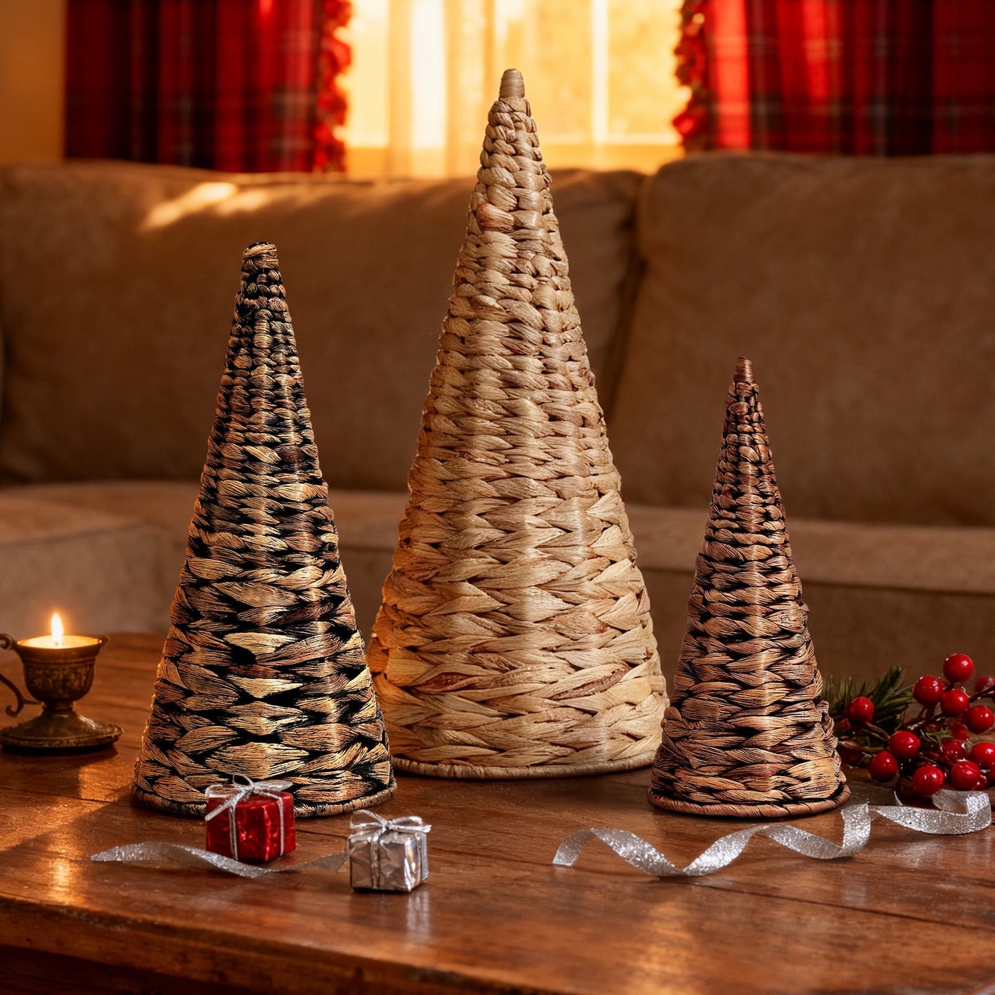Ayieyill 3pcs Wicker Christmas Tree Tabletop Christmas Decor Farmhouse Christmas Decor Rustic Xmas Decorations, Natural