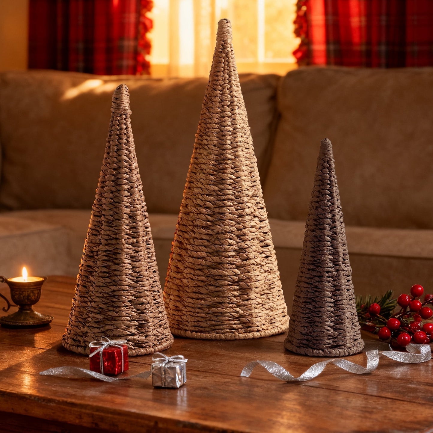 Ayieyill 3pcs Wicker Christmas Tree Tabletop Christmas Decor Farmhouse Christmas Decor Rustic Xmas Decorations, Natural