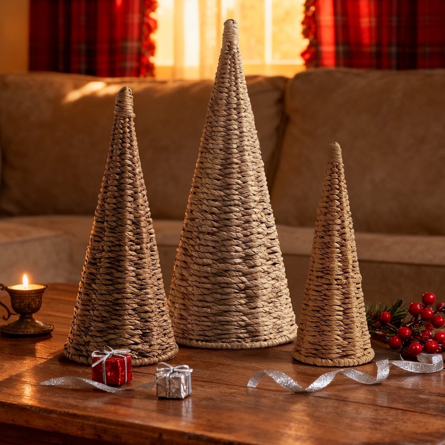 Ayieyill 3pcs Wicker Christmas Tree Tabletop Christmas Decor Farmhouse Christmas Decor Rustic Xmas Decorations, Natural