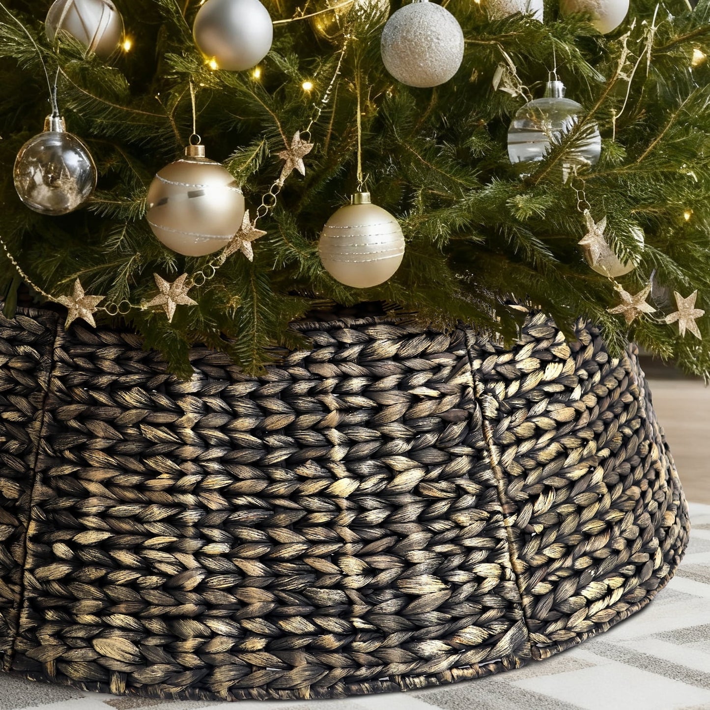 Ayieyill Woven Hyacinth Christmas Tree Collar, Christmas Tree Decorations, Tree Skirt Accessory w/ Cord Cut-Out | Natural