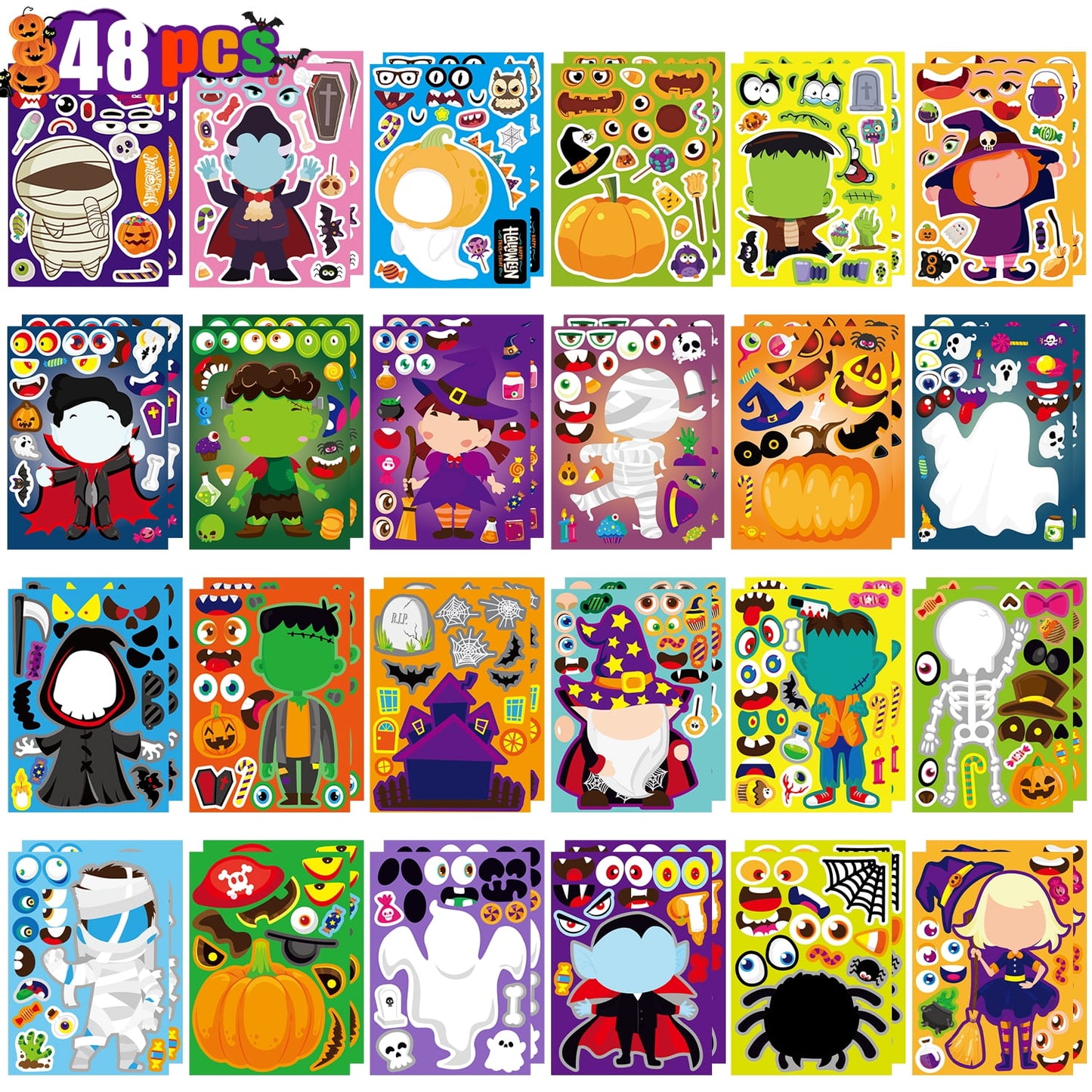 Ayieyill 48PCS Halloween Make a Face Sticker Pack for Kids, Halloween Sticker Sheets Party Favors Goodie Bag Stuffers