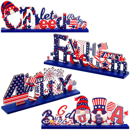 Ayieyill 4th of July Decor Table Decoration, 4 Pcs Wooden Independence Day Party Decor Fourth of July Decorations Patriotic Decorations for House School Classroom