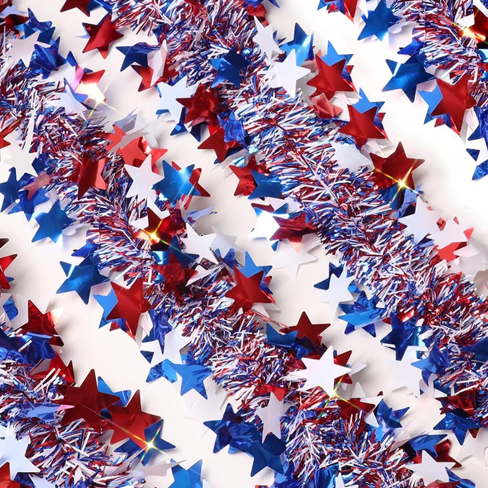 Ayieyill 4th of July Garland Patriotic Decorations, Glitter Metallic Tinsel Twist Patriotic Garland, 4th of July Decorations for Parade Float, Wndows, Doors, Stairs, Fireplaces