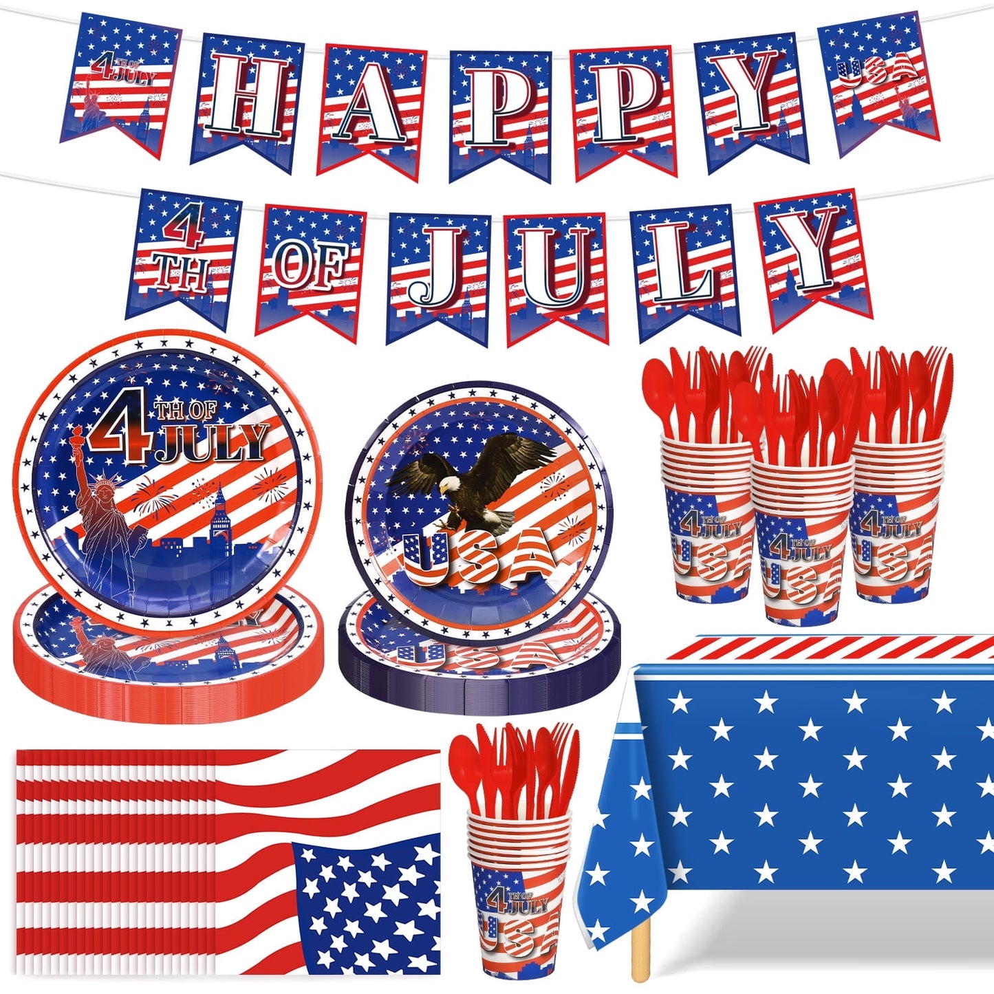 Ayieyill 170Pcs 4th of July Decorations Party Supplies, Fourth of July Decorations, Independence Day Party Serves 24