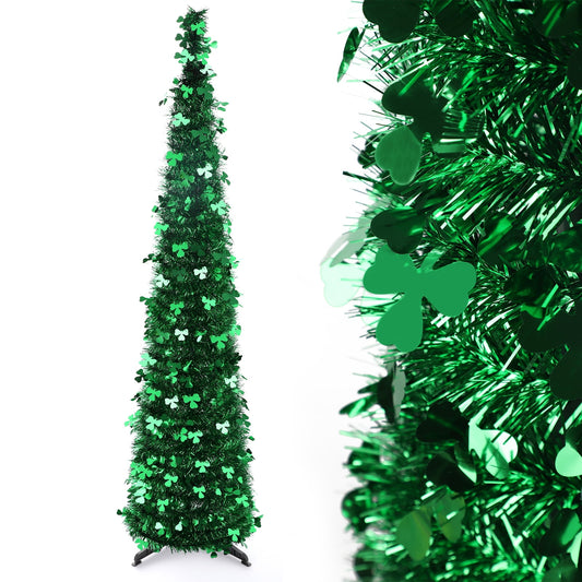 Ayieyill 5 ft St. Patrick's Day Pop up Tree Artificial Green Collapsible Christmas Tree Slim Pencil Tinsel Trees