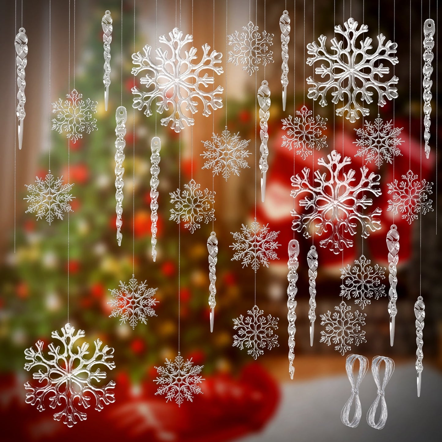 Ayieyill 24 Pieces Christmas Snowflake Drop Ornament Acrylic Icicle Christmas Hanging