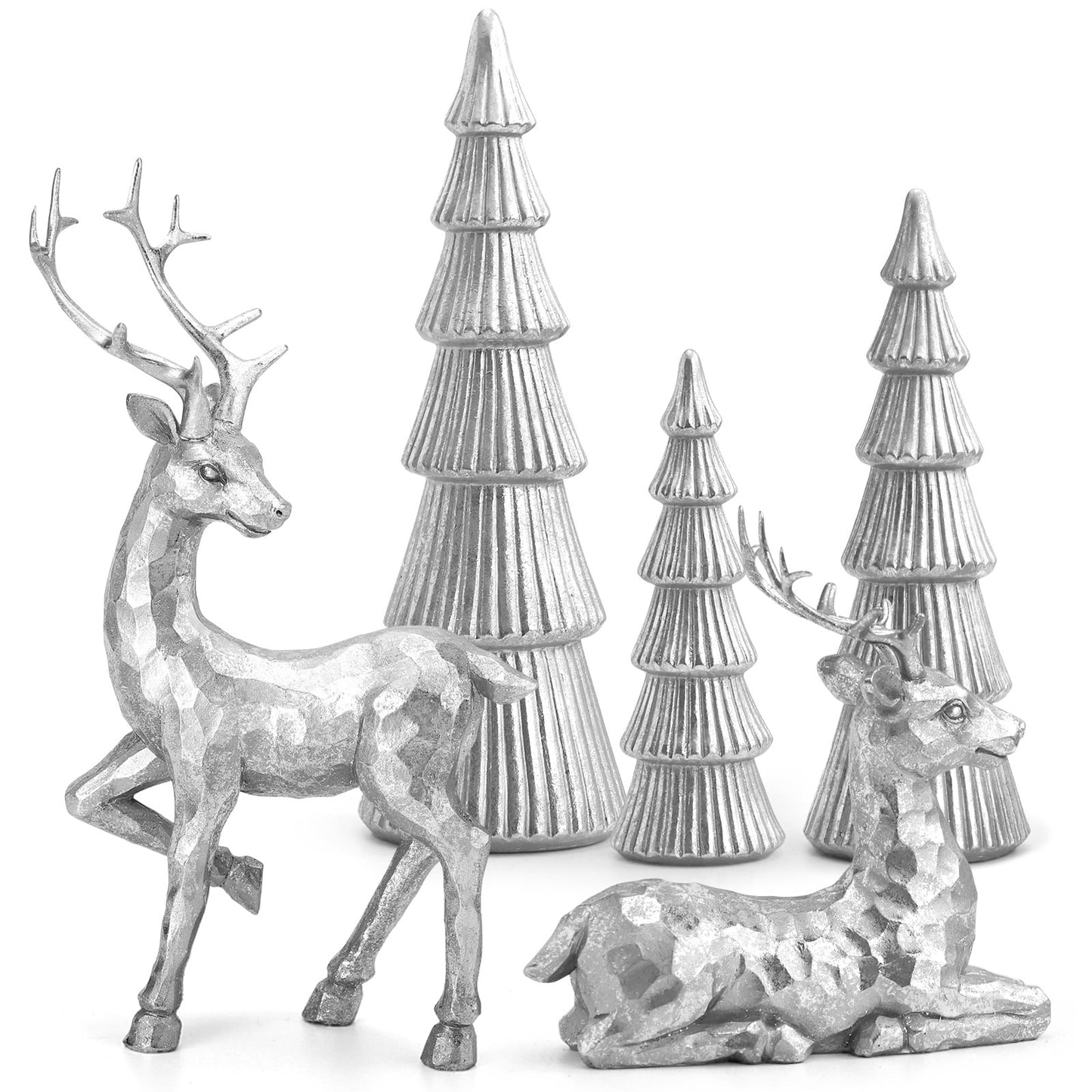 Ayieyill 5PCS Christmas Tree Resin Reindeer Figurines, Tree and Deer Christmas Decor, Deer Decorative Statues Resting Lucky Deer Sculptures(Rose Gold)