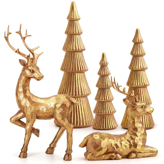 Ayieyill 5PCS Christmas Tree Resin Reindeer Figurines, Tree and Deer Christmas Decor, Deer Decorative Statues Resting Lucky Deer Sculptures(Rose Gold)