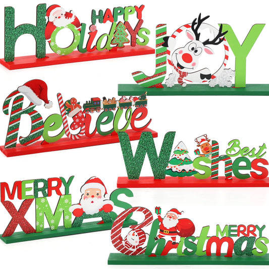 Ayieyill 6 Christmas Table Decorations Signs, Merry Wooden Christmas Table Decor Holidays Centerpiece