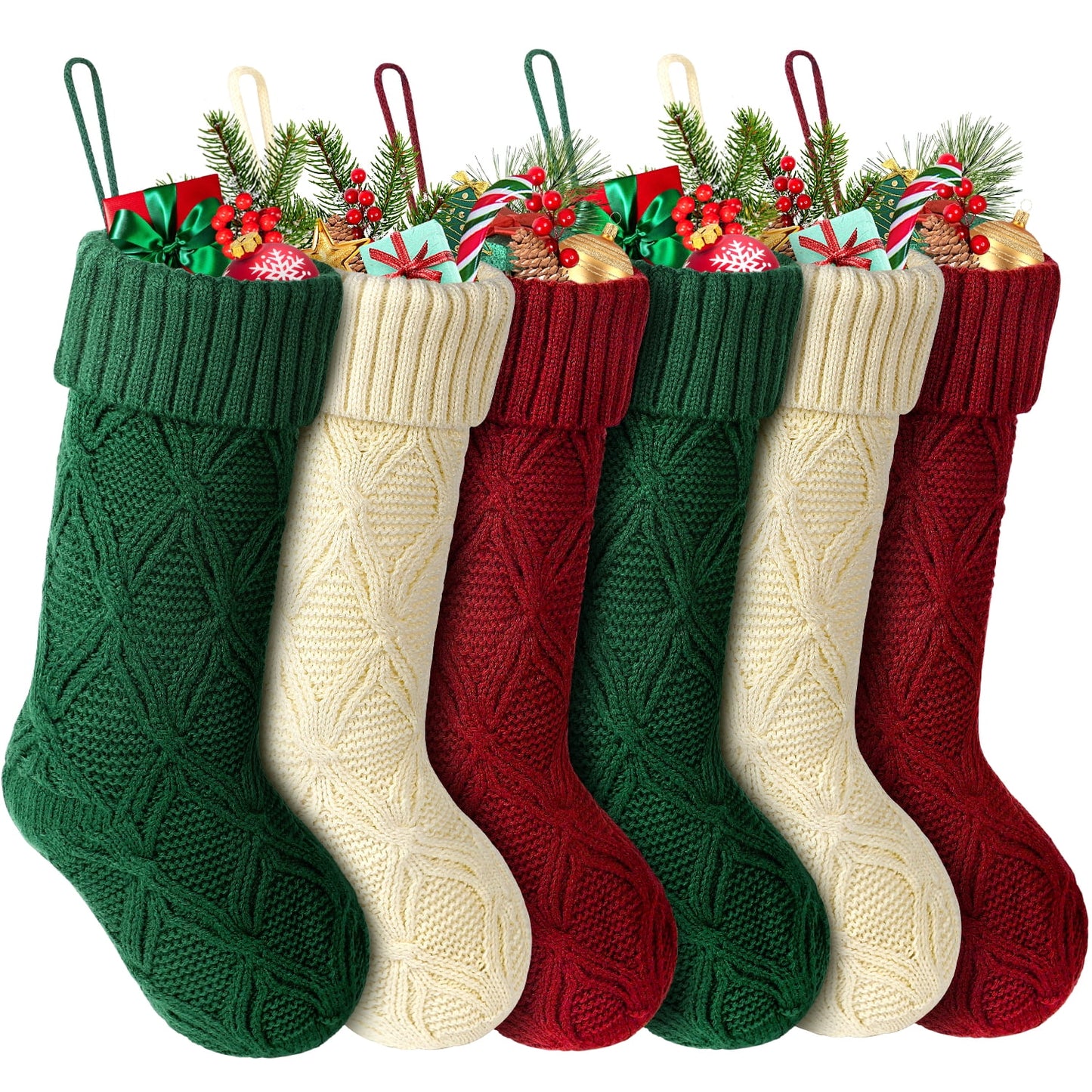 Ayieyill 6 Pcs Christmas Stockings Knitted Xmas Stockings Double-Sided 18 Inches Fireplace Stockings for Family Christmas Decorations