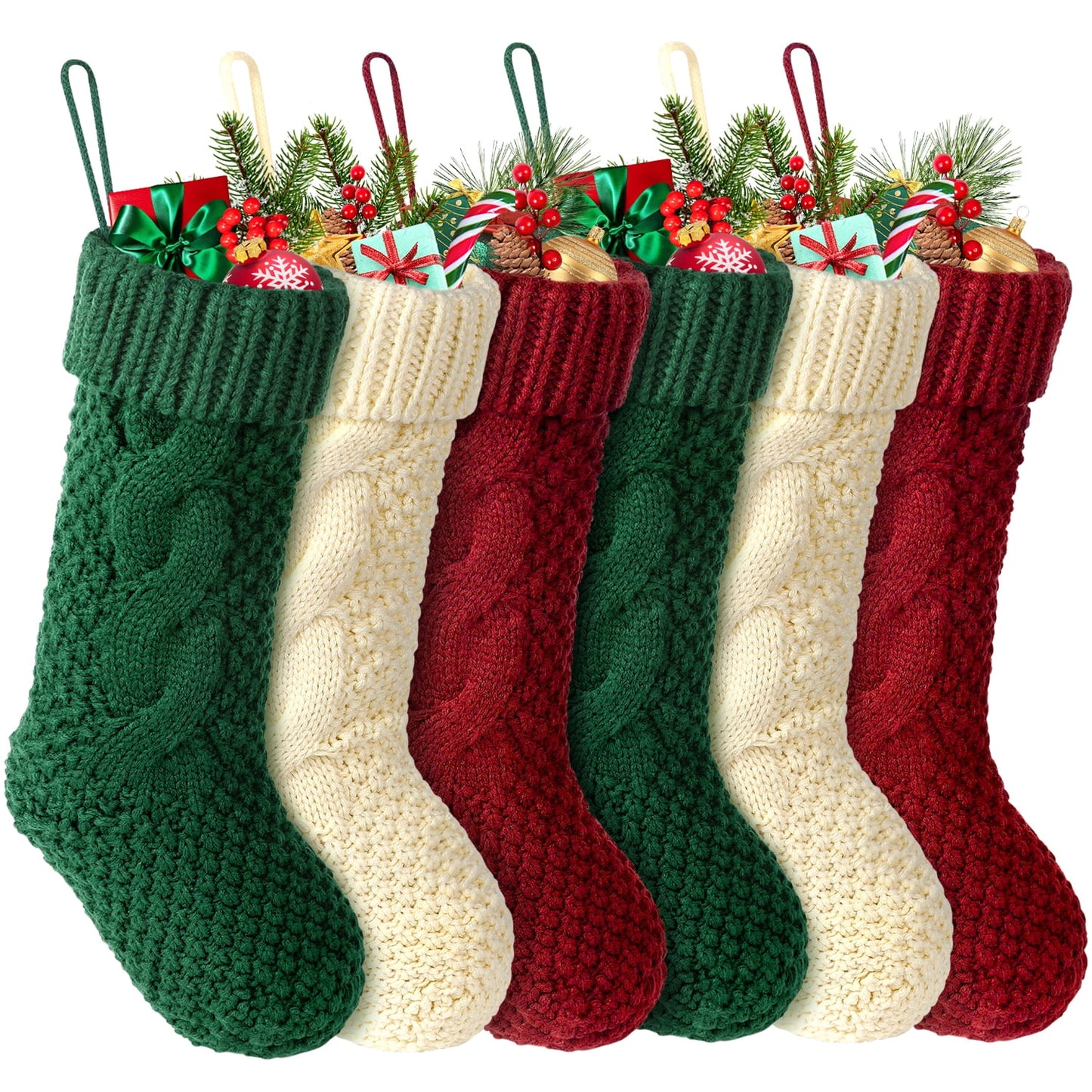 Ayieyill 6 Pcs Christmas Stockings Knitted Xmas Stockings Double-Sided 18 Inches Fireplace Stockings for Family Christmas Decorations
