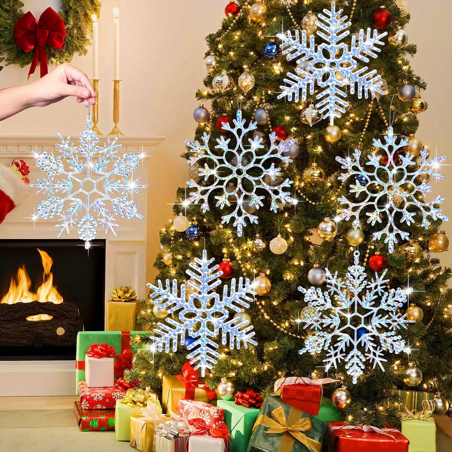 Ayieyill 6pcs Large White Snowflakes Decorations, 12” Big Plastic Glitter Snowflake for Winter Indoor Outdoor Christmas Tree Decorations Giant Craft Snowflakes