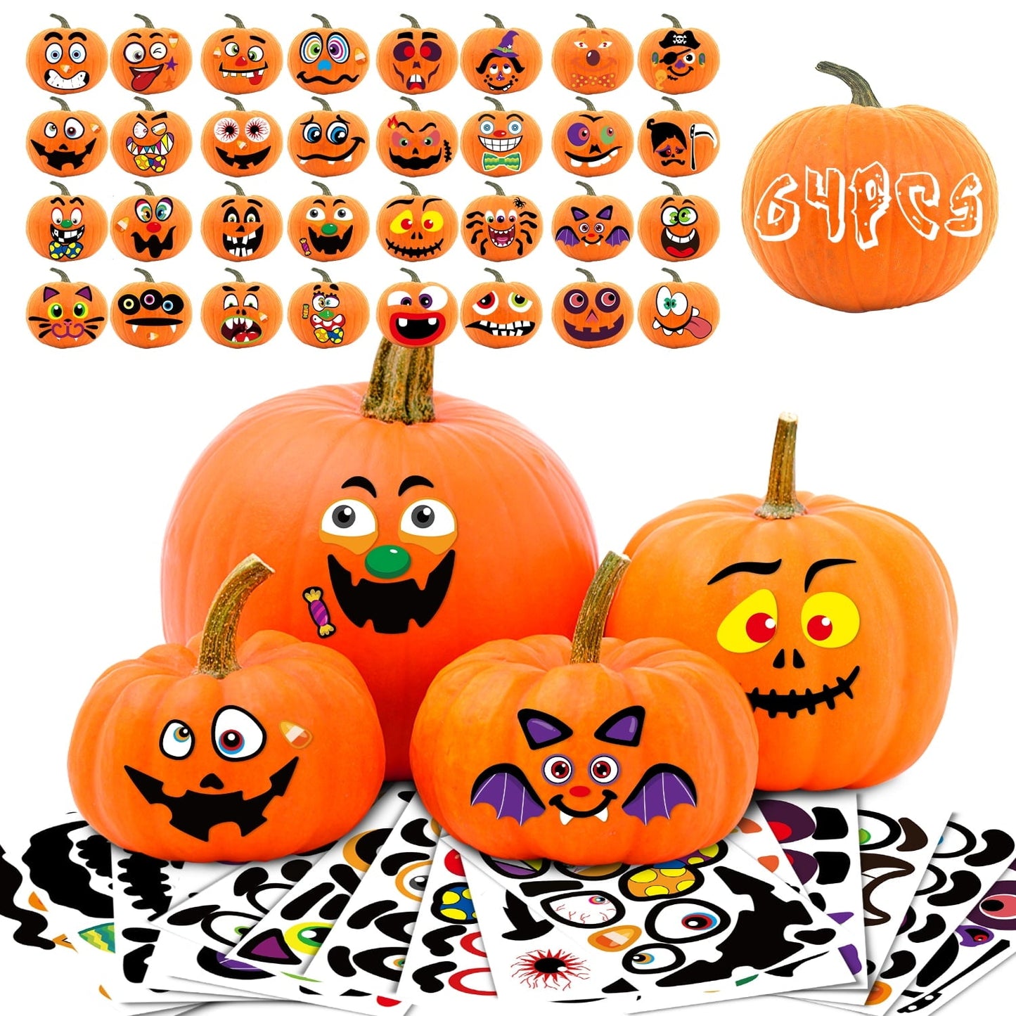 Ayieyill 64 Packs Halloween Stickers Pumpkin Decorating Stickers, 32 Sheet Small Pumpkin Face Stickers