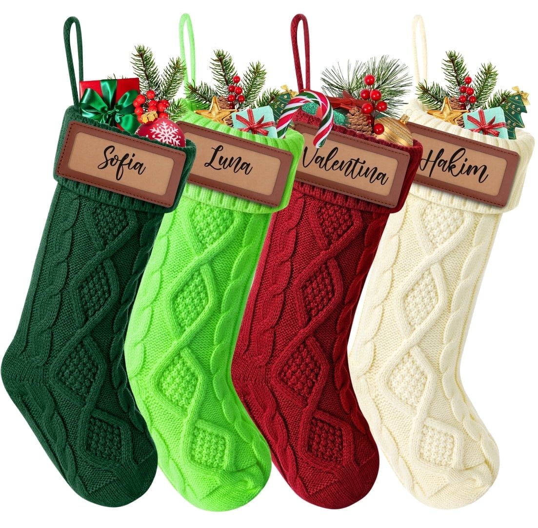 Ayieyill 6Pack Christmas Stockings, 17.7Inches Large Knitted Stocking Personalized Xmas Hanging Stocking Decorations with Name Leather Patches for Holiday Christmas Party Family Decor (Green Red)
