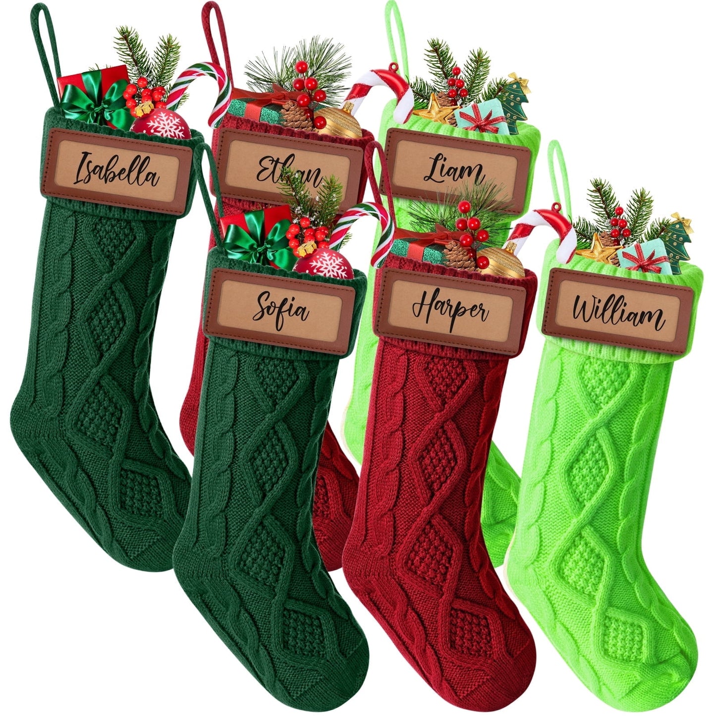 Ayieyill 6Pack Christmas Stockings, 17.7Inches Large Knitted Stocking Personalized Xmas Hanging Stocking Decorations with Name Leather Patches for Holiday Christmas Party Family Decor (Green Red)