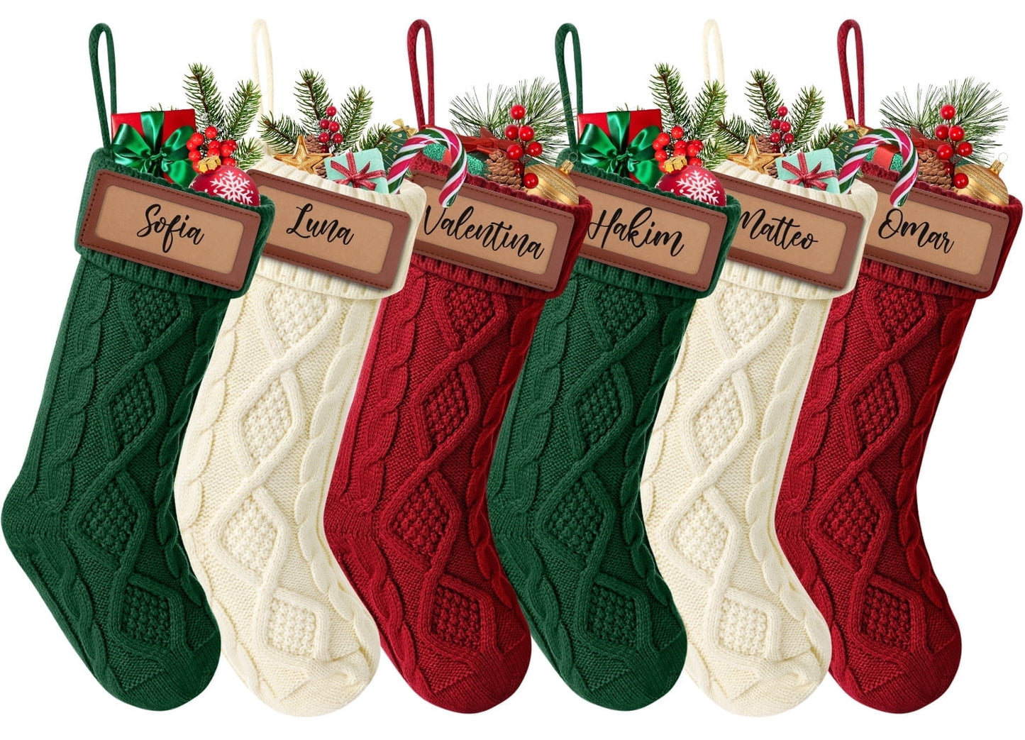 Ayieyill 6Pack Christmas Stockings, 17.7Inches Large Knitted Stocking Personalized Xmas Hanging Stocking Decorations with Name Leather Patches for Holiday Christmas Party Family Decor (Green Red)