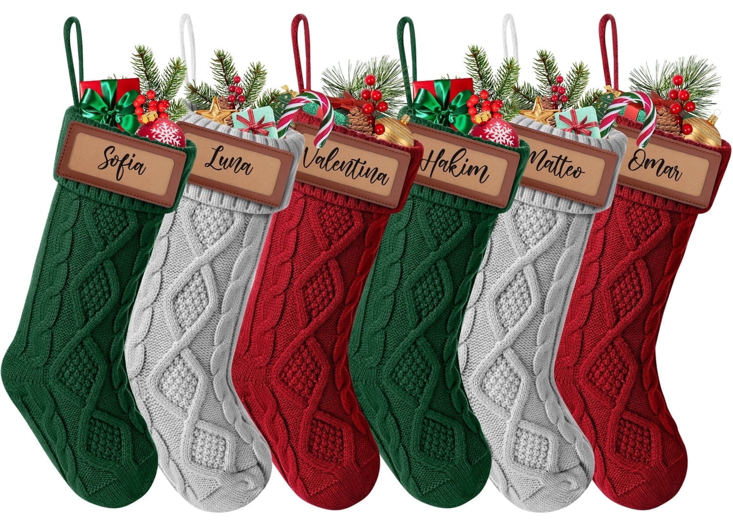 Ayieyill 6Pack Christmas Stockings, 17.7Inches Large Knitted Stocking Personalized Xmas Hanging Stocking Decorations with Name Leather Patches for Holiday Christmas Party Family Decor (Green Red)