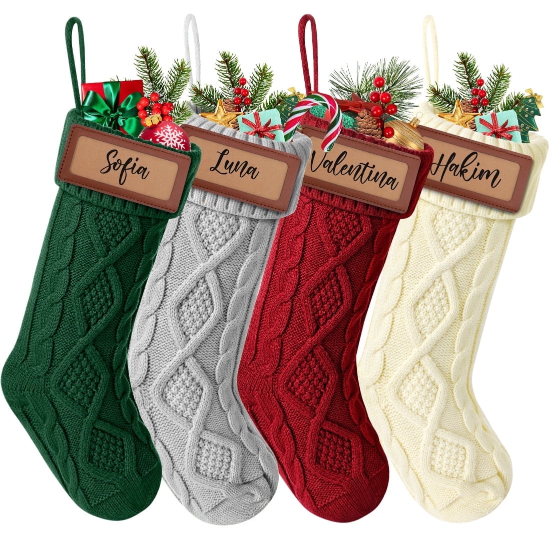 Ayieyill 6Pack Christmas Stockings, 17.7Inches Large Knitted Stocking Personalized Xmas Hanging Stocking Decorations with Name Leather Patches for Holiday Christmas Party Family Decor (Green Red)