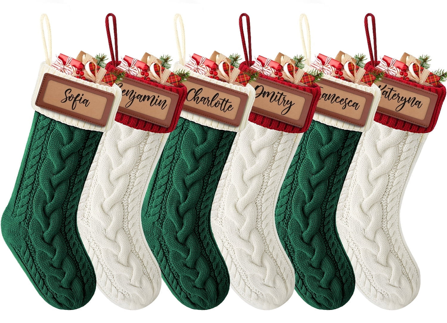Ayieyill 6Pack Christmas Stockings, 17.7Inches Large Knitted Stocking Personalized Xmas Hanging Stocking Decorations with Name Leather Patches for Holiday Christmas Party Family Decor (Green Red)