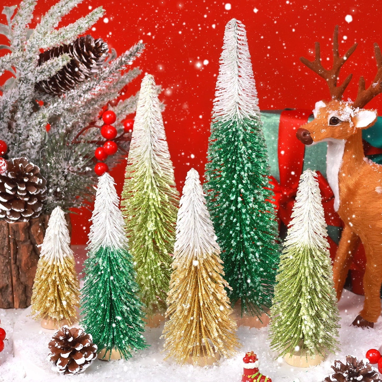 Ayieyill Mini Christmas Trees Decorations - 6pcs Small Bottle Brush Trees, Artificial Tabletop Christmas Tree for Indoor Outdoor Home Room Party