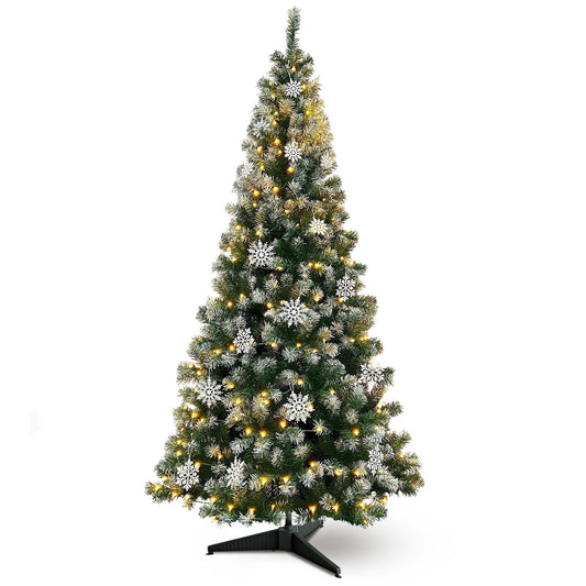 Ayieyill 7.5 ft Pre-Lit Artificial Christmas Tree with 1000 Snow Sprayed Tips 300 LED Lights 36 Snowflakes Ornaments