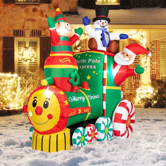 Ayieyill 6 x 5ft Pre-Lit Christmas Inflatables, Santa on Train Outdoor Christmas Decoration with Ground Stakes