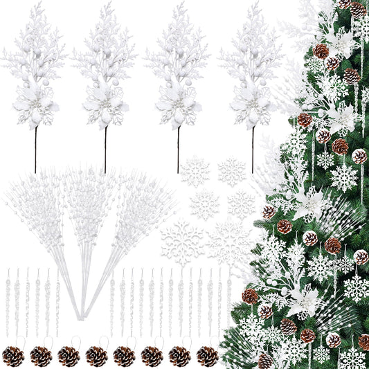 Ayieyill 84Pcs Christmas Tree Decorations Flowers, Artificial Glitter Berry Stems Christmas Pine Cones, Snowflake Icicle Drop Crystal Ornaments