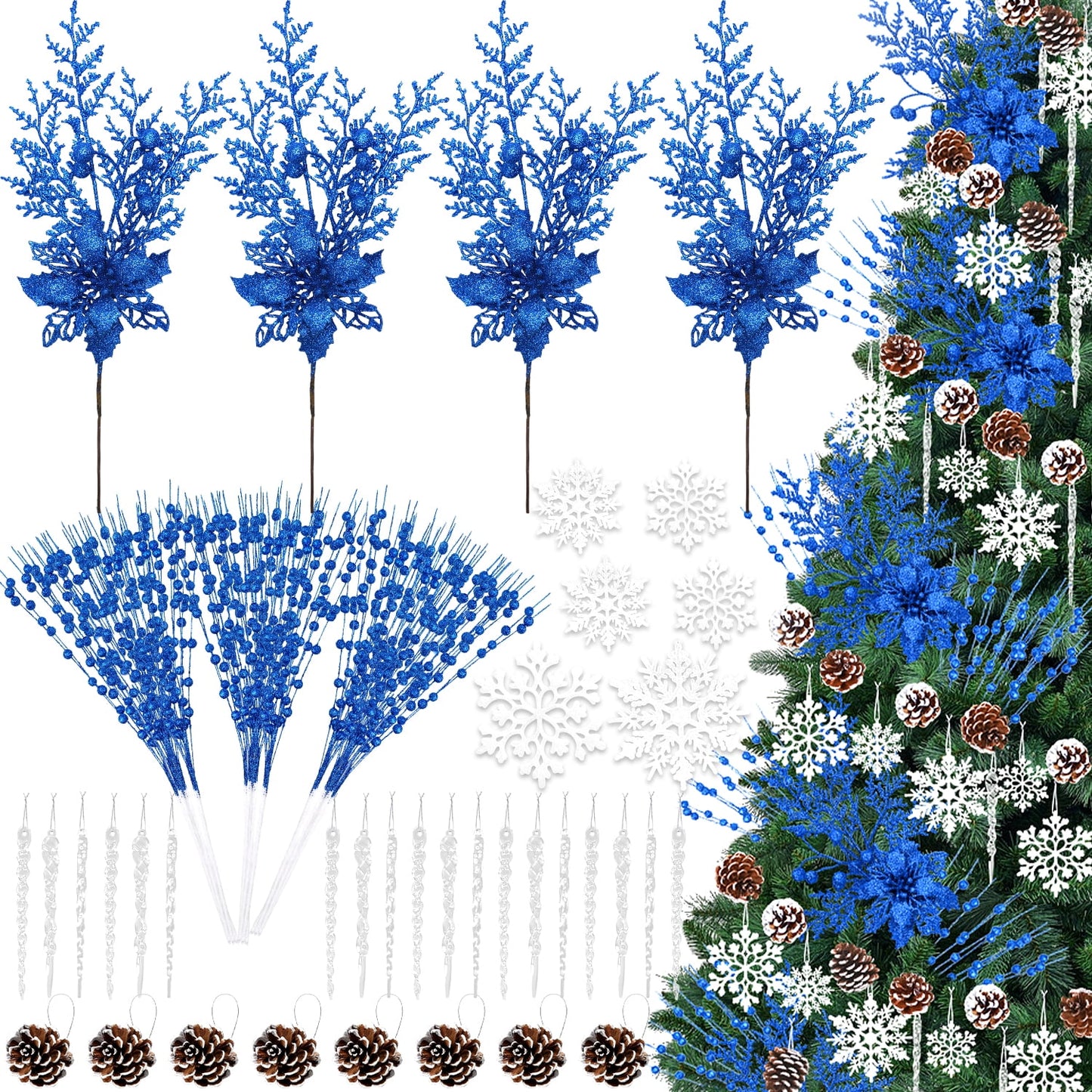 Ayieyill 84Pcs Christmas Tree Decorations Flowers, Artificial Glitter Berry Stems Christmas Pine Cones, Snowflake Icicle Drop Crystal Ornaments