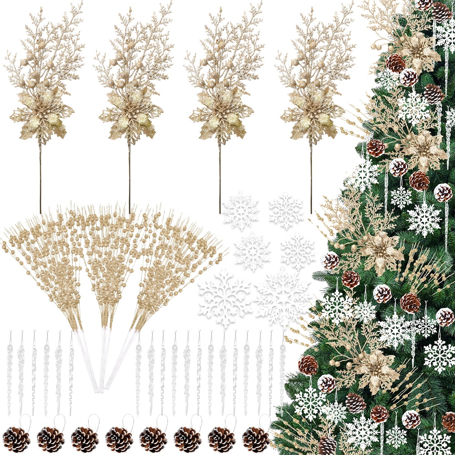 Ayieyill 84Pcs Christmas Tree Decorations Flowers, Artificial Glitter Berry Stems Christmas Pine Cones, Snowflake Icicle Drop Crystal Ornaments